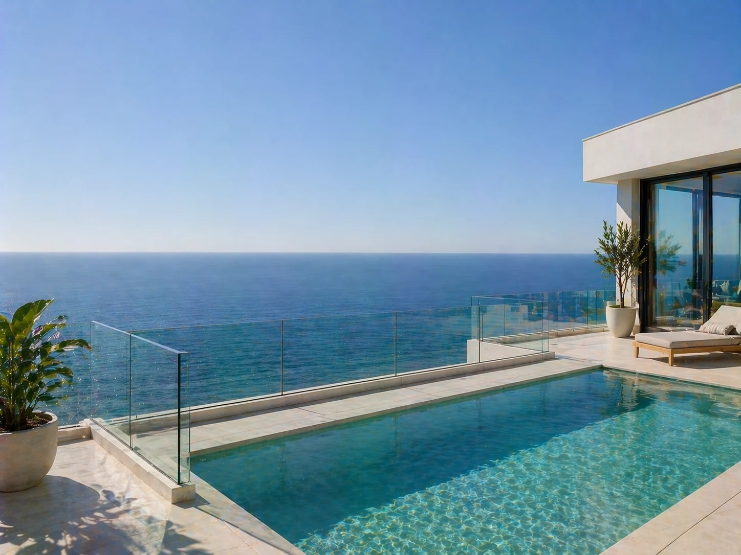 Sunlit coastal terrace protected by clear safety glass