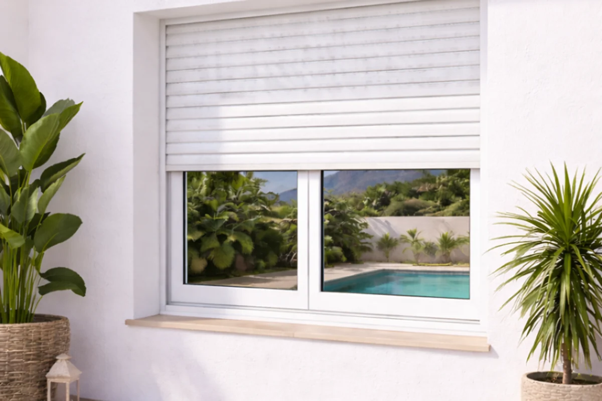 White roller shutter lowered over a villa window